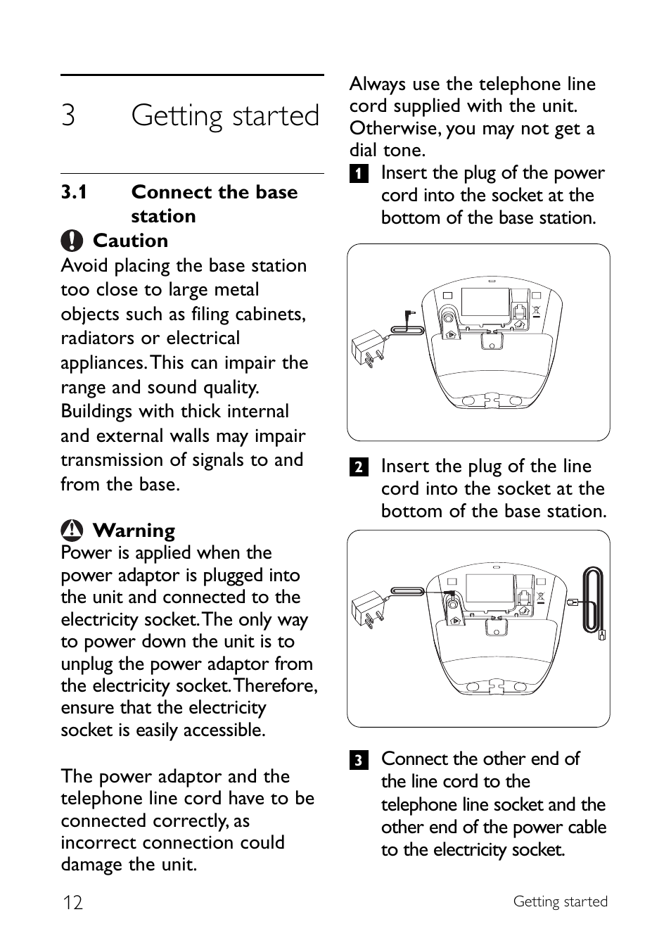 3 getting started, 1 connect the base station, Getting started | Connect the base station, 3getting started | Sony CD145 User Manual | Page 14 / 40