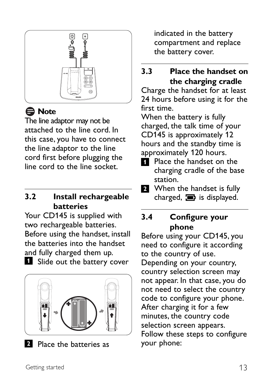 2 install rechargeable bat, 3 place the handset on the, 4 configure your phone | Install rechargeable batteries, Place the handset on the charging cradle, Configure your phone | Sony CD145 User Manual | Page 15 / 40