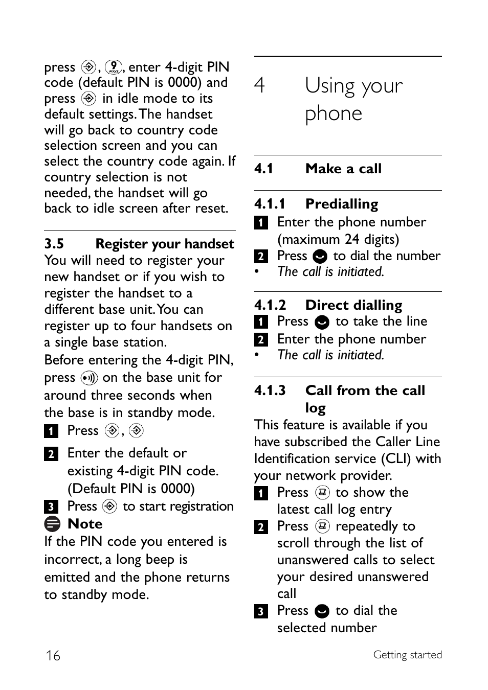 5 register your handset, 4 using your phone, 1 make a call | Register your handset, Using your phone, Make a call, 4using your phone | Sony CD145 User Manual | Page 18 / 40