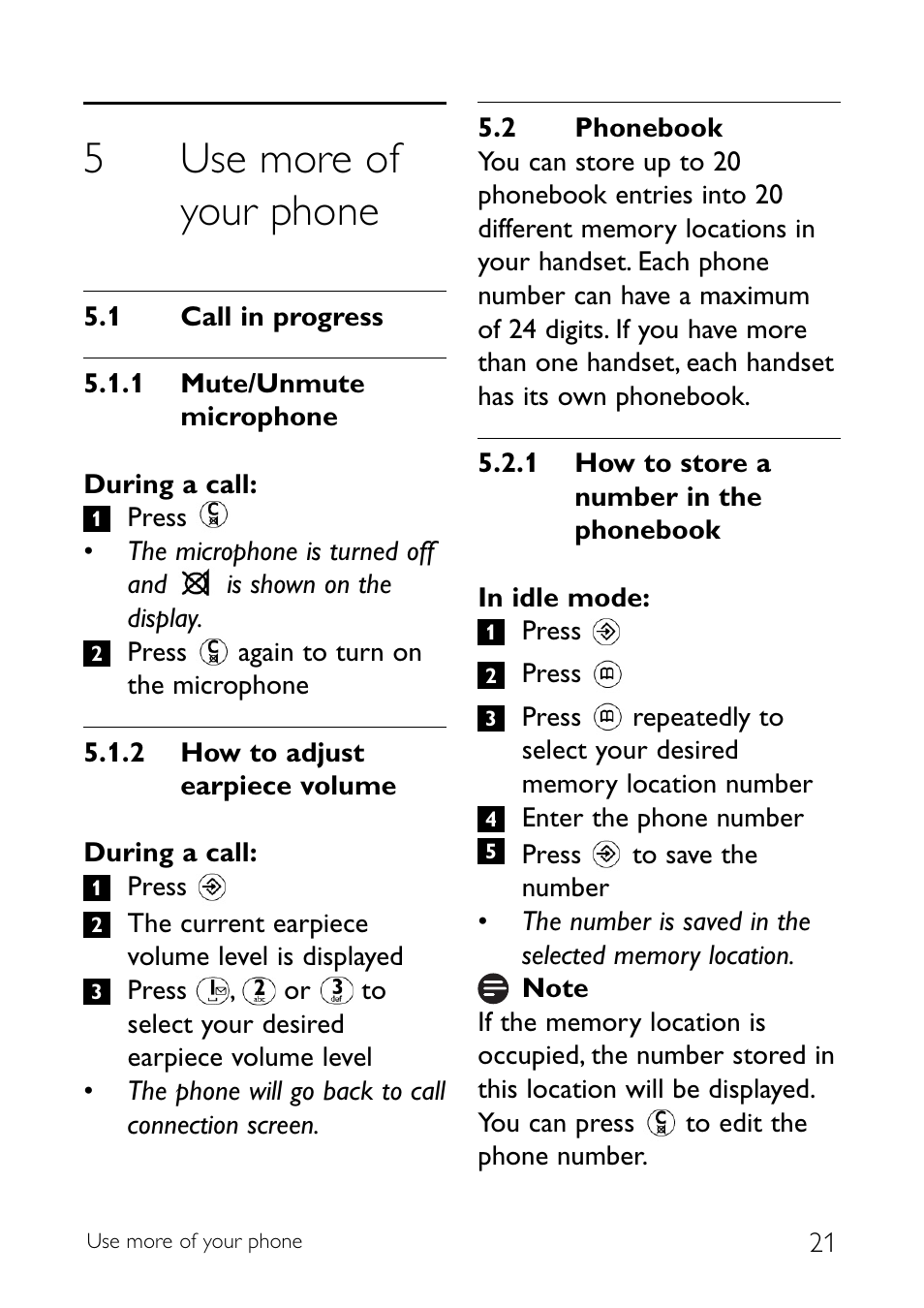 5 use more of your phone, 1 call in progress, 2 phonebook | Use more of your phone, Call in progress, Phonebook, 5use more of your phone | Sony CD145 User Manual | Page 23 / 40