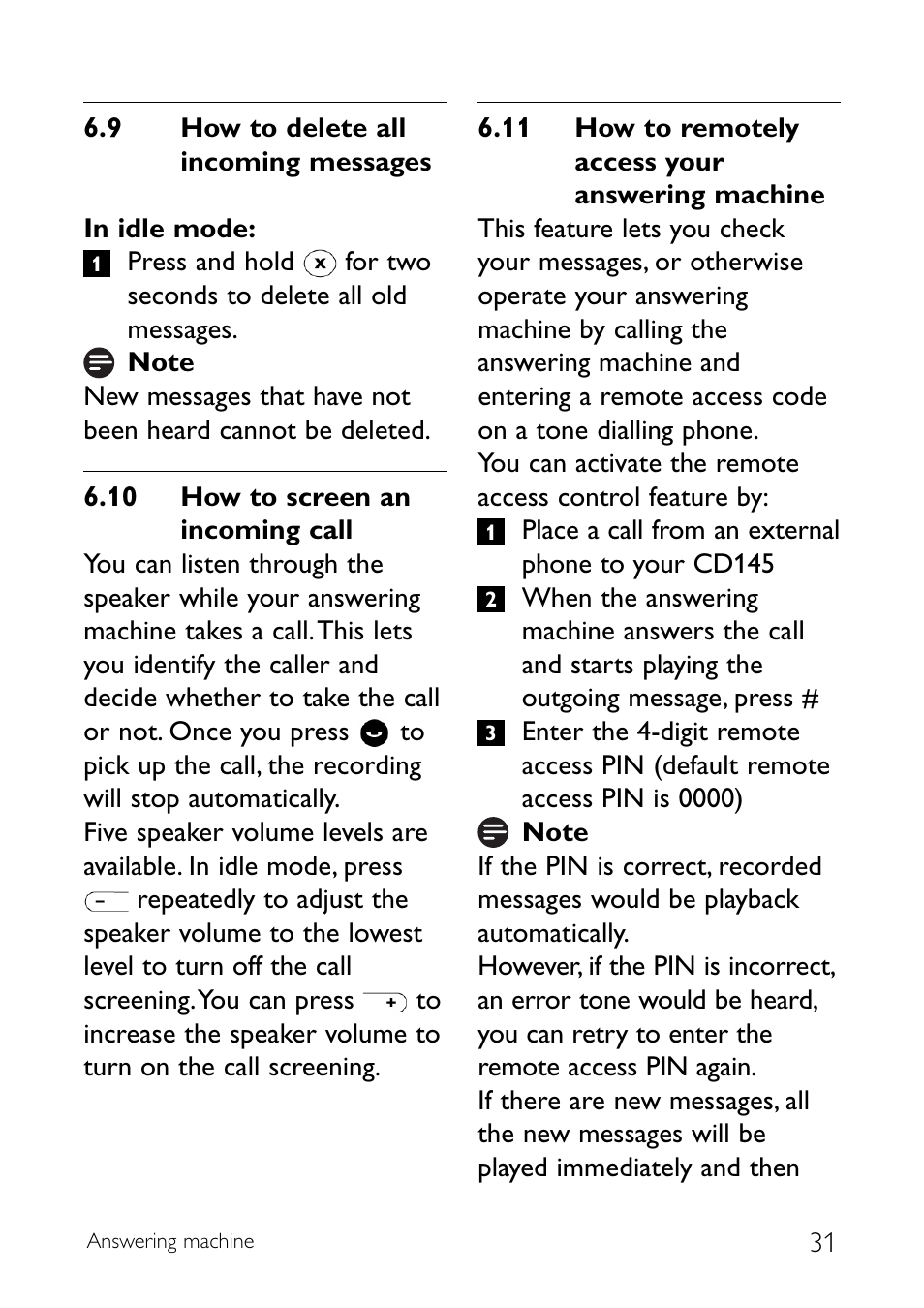 9 how to delete all incomi, 10 how to screen an incomi, 11 how to remotely access | How to delete all incoming messages, 10 how to screen an incoming call, 11 how to remotely access your answering machine | Sony CD145 User Manual | Page 33 / 40