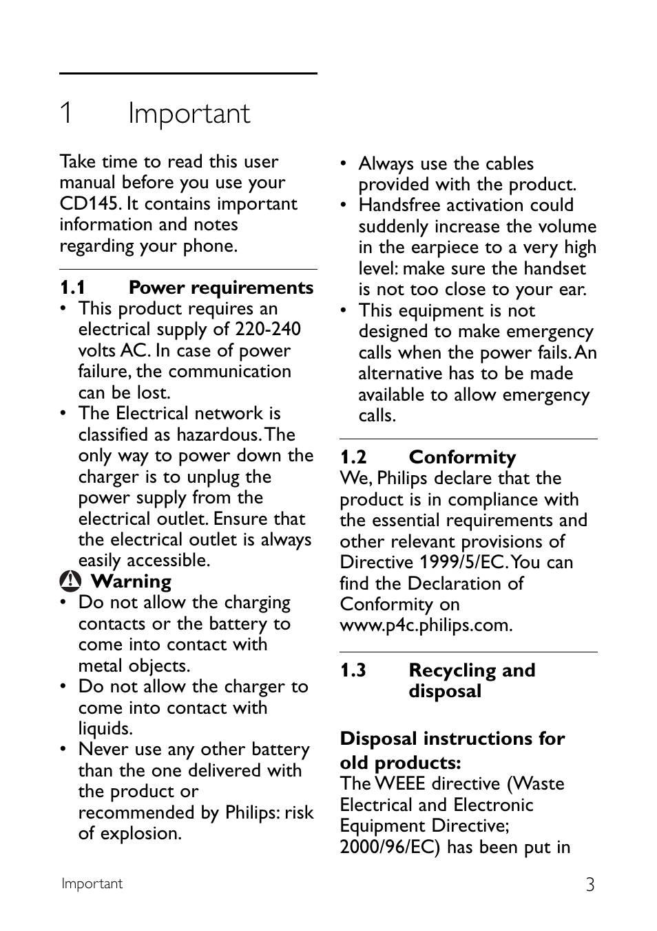 1 important, 1 power requirements, 2 conformity | 3 recycling and disposal, Important, Power requirements, Conformity, Recycling and disposal, 1important | Sony CD145 User Manual | Page 5 / 40