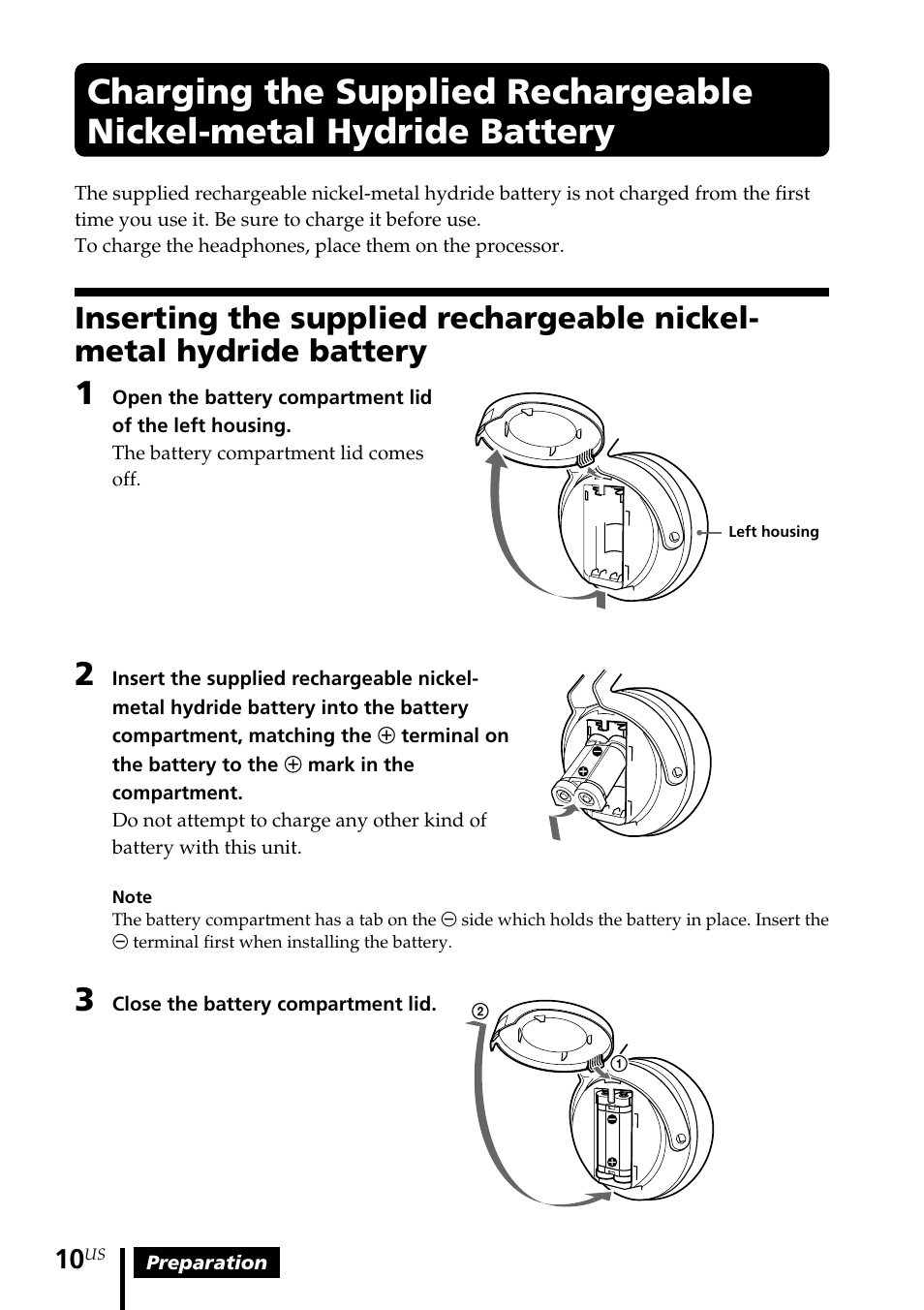 Charging the supplied, Rechargeable nickel-metal hydride battery, Inserting the supplied rechargeable | Nickel-metal hydride battery | Sony MDR DS6000 User Manual | Page 10 / 92