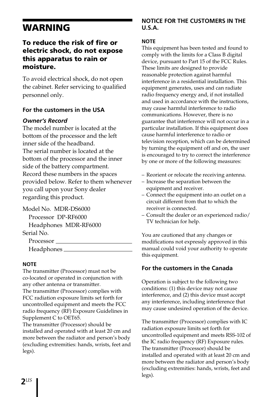 Operating instructions, Warning | Sony MDR DS6000 User Manual | Page 2 / 92