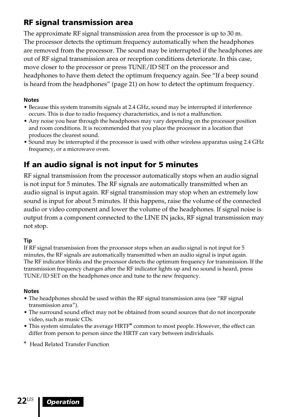 Rf signal transmission area, If an audio signal is not input for 5 minutes | Sony MDR DS6000 User Manual | Page 22 / 92
