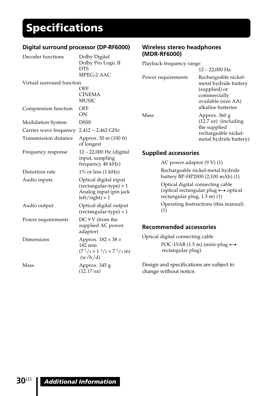 Specifications | Sony MDR DS6000 User Manual | Page 30 / 92