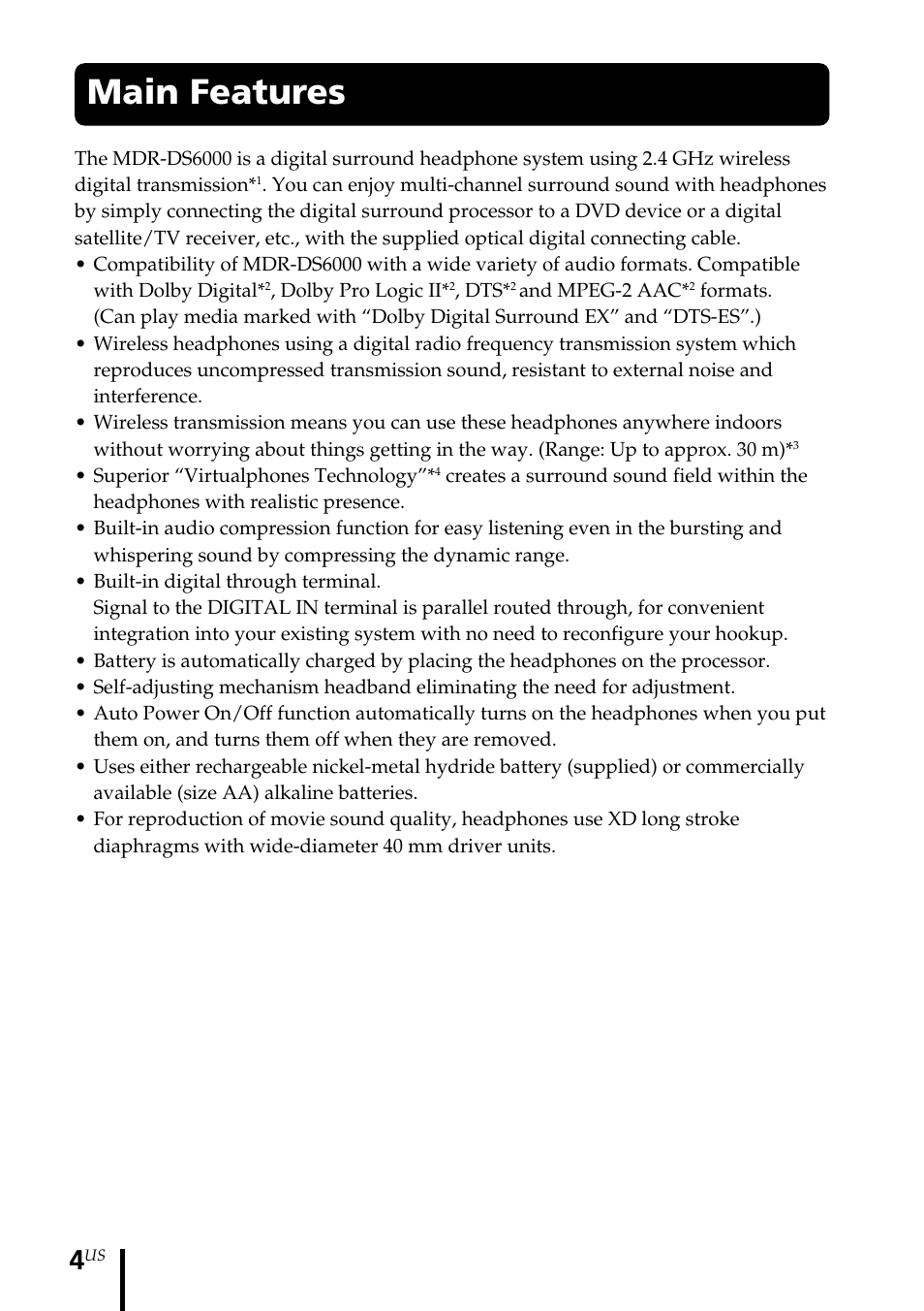 Main features | Sony MDR DS6000 User Manual | Page 4 / 92