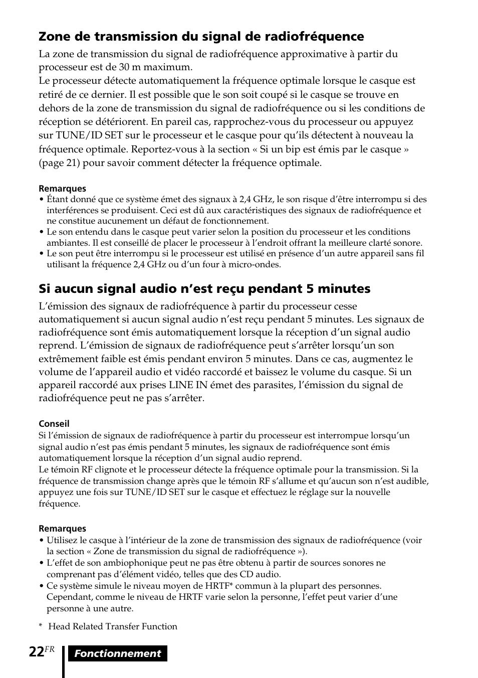 Zone de transmission du signal de radiofréquence, Si aucun signal audio n’est reçu pendant 5 minutes | Sony MDR DS6000 User Manual | Page 52 / 92
