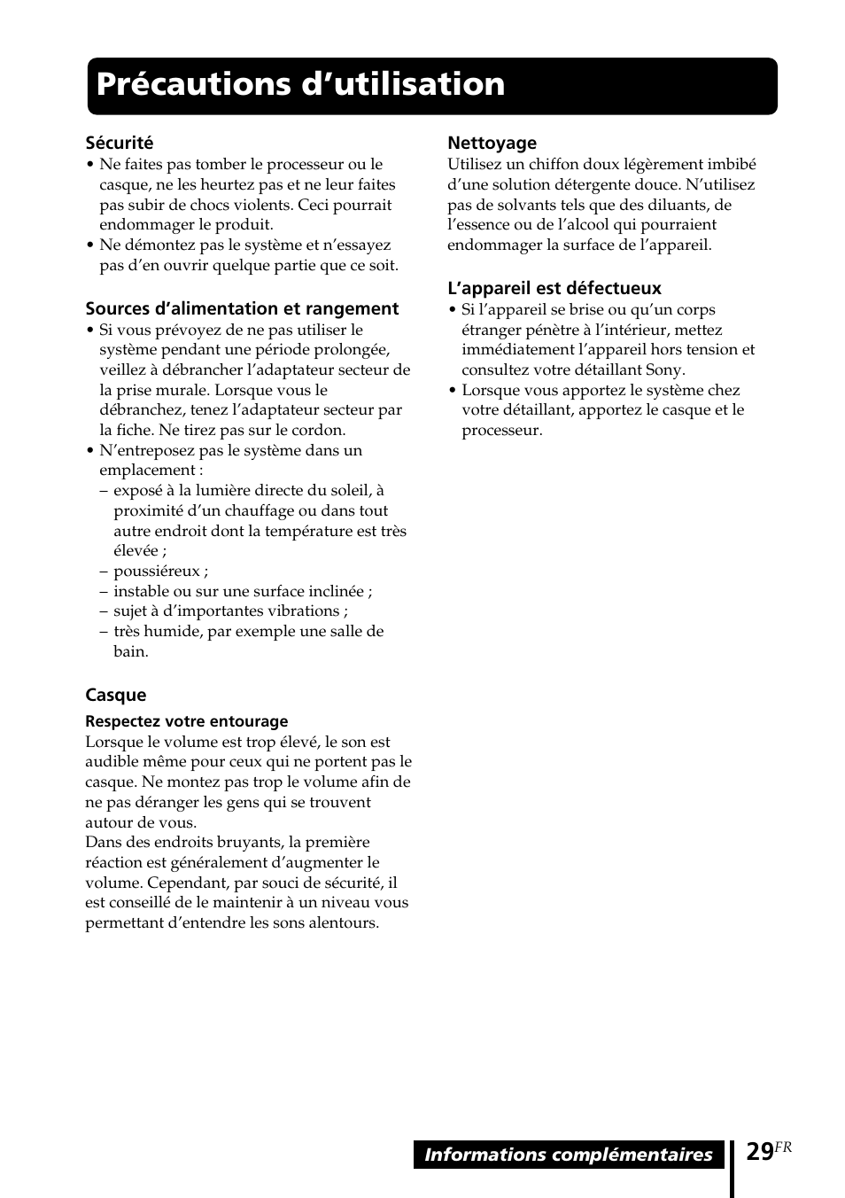 Précautions d’utilisation | Sony MDR DS6000 User Manual | Page 59 / 92