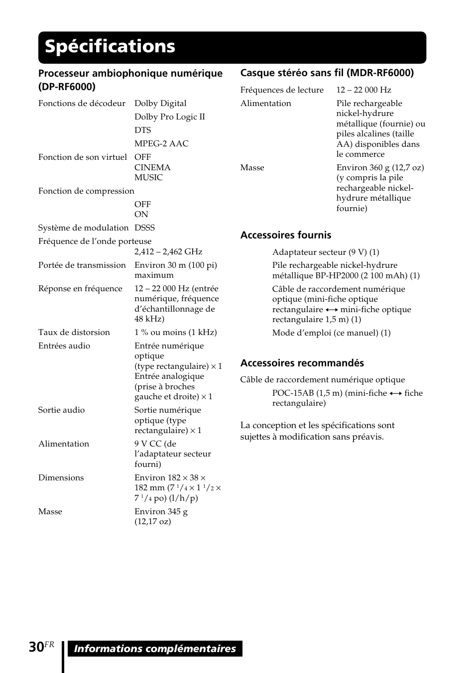 Spécifications | Sony MDR DS6000 User Manual | Page 60 / 92