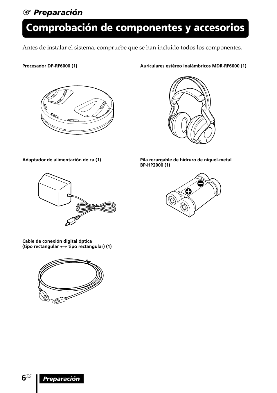 Comprobación de componentes y accesorios, Comprobación de, Componentes y accesorios | 1 preparación | Sony MDR DS6000 User Manual | Page 66 / 92