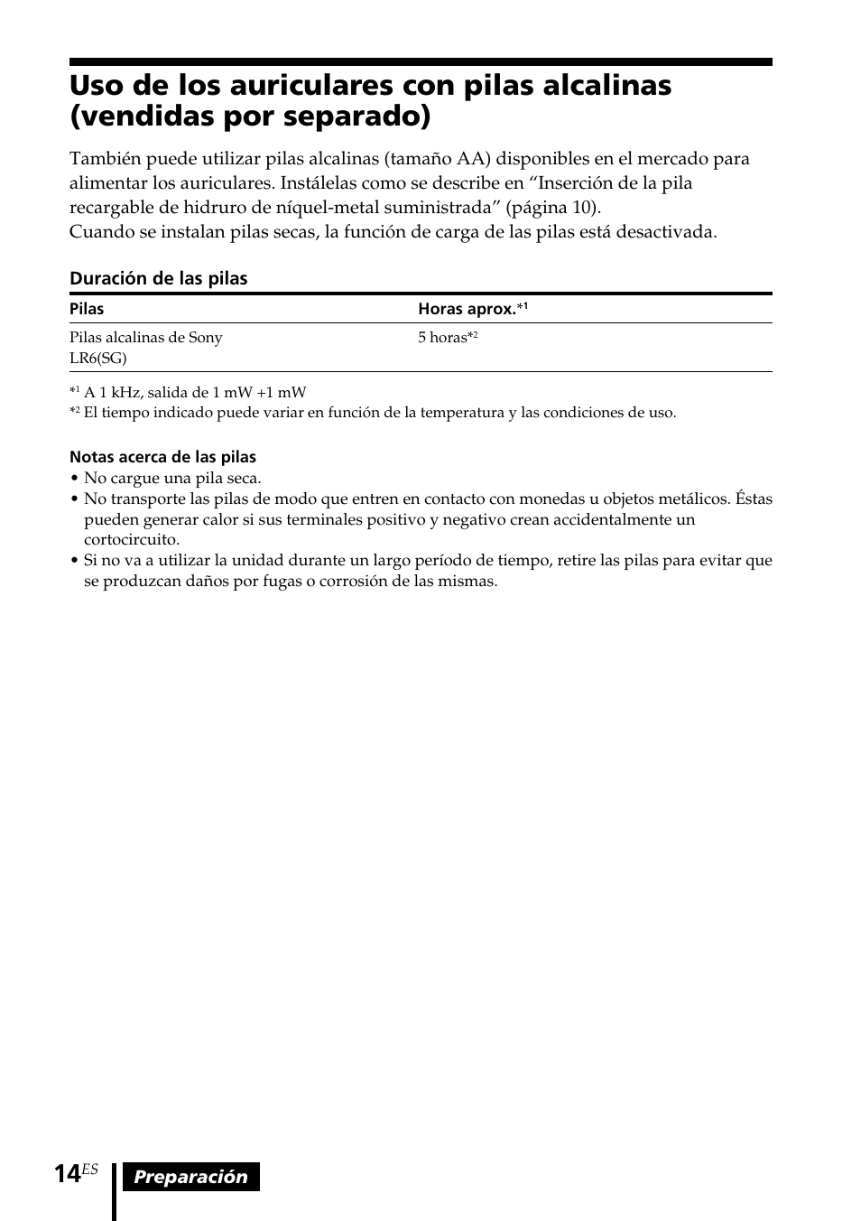 Uso de los auriculares con pilas, Alcalinas (vendidas por separado) | Sony MDR DS6000 User Manual | Page 74 / 92