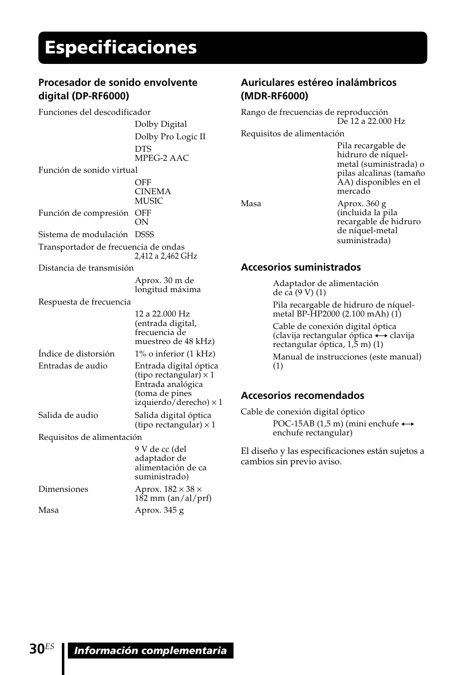 Especificaciones | Sony MDR DS6000 User Manual | Page 90 / 92