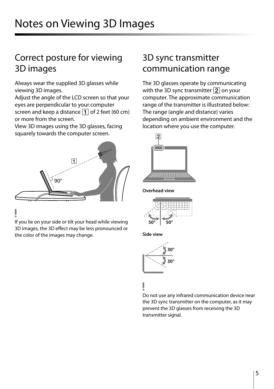 Notes on viewing 3d images ……………………………………………………… 5, Correct posture for viewing 3d images, 3d sync transmitter communication range | Sony MOTHERBOARD A8V-VM SE User Manual | Page 5 / 16