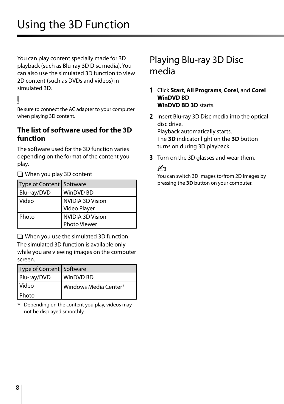 Using the 3d function …………………………………………………………… 8, Using the 3d function, Playing blu-ray 3d disc media | Sony MOTHERBOARD A8V-VM SE User Manual | Page 8 / 16