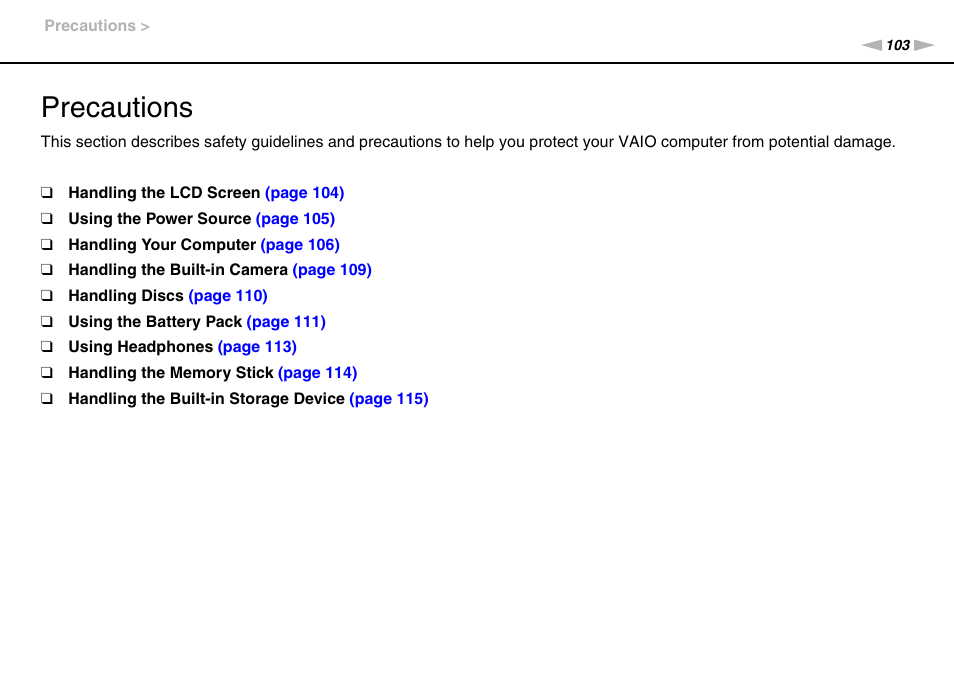 Precautions | Sony VAIO VGN-NW User Manual | Page 103 / 157