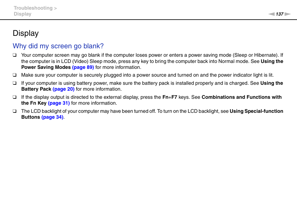 Display, Why did my screen go blank | Sony VAIO VGN-NW User Manual | Page 137 / 157