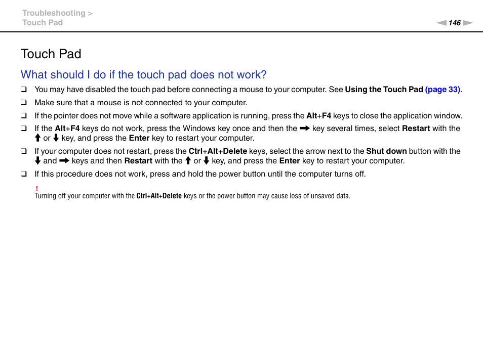 Touch pad, What should i do if the touch pad does not work | Sony VAIO VGN-NW User Manual | Page 146 / 157