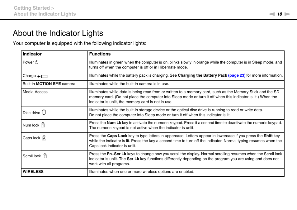 About the indicator lights | Sony VAIO VGN-NW User Manual | Page 18 / 157