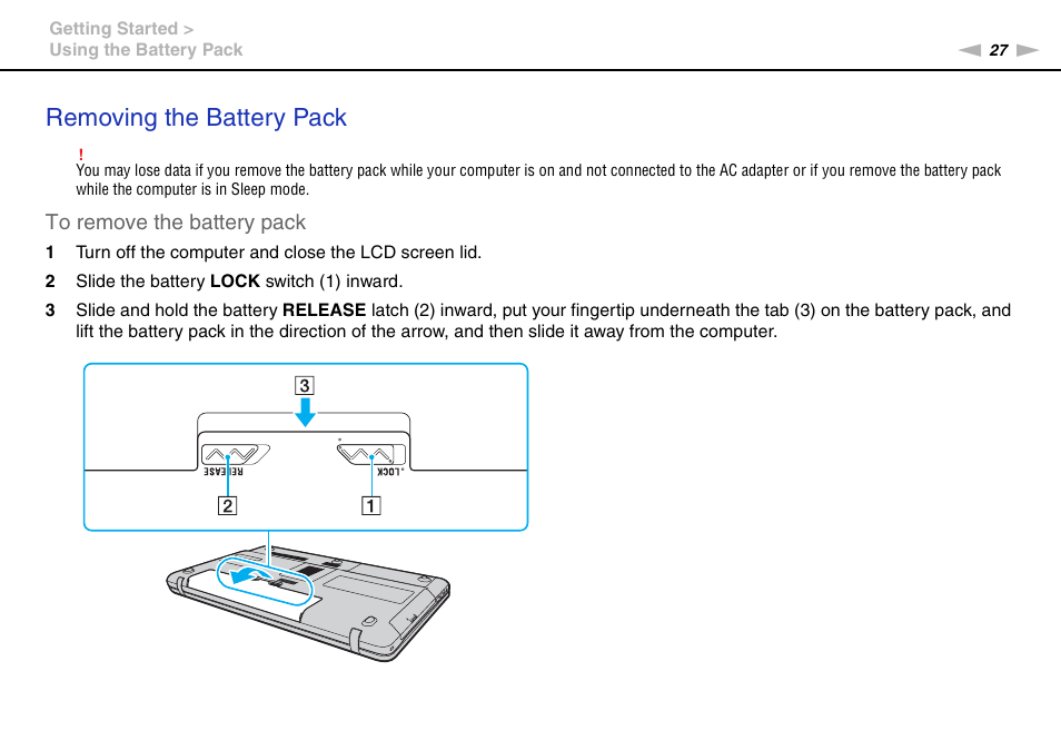 Removing the battery pack | Sony VAIO VGN-NW User Manual | Page 27 / 157