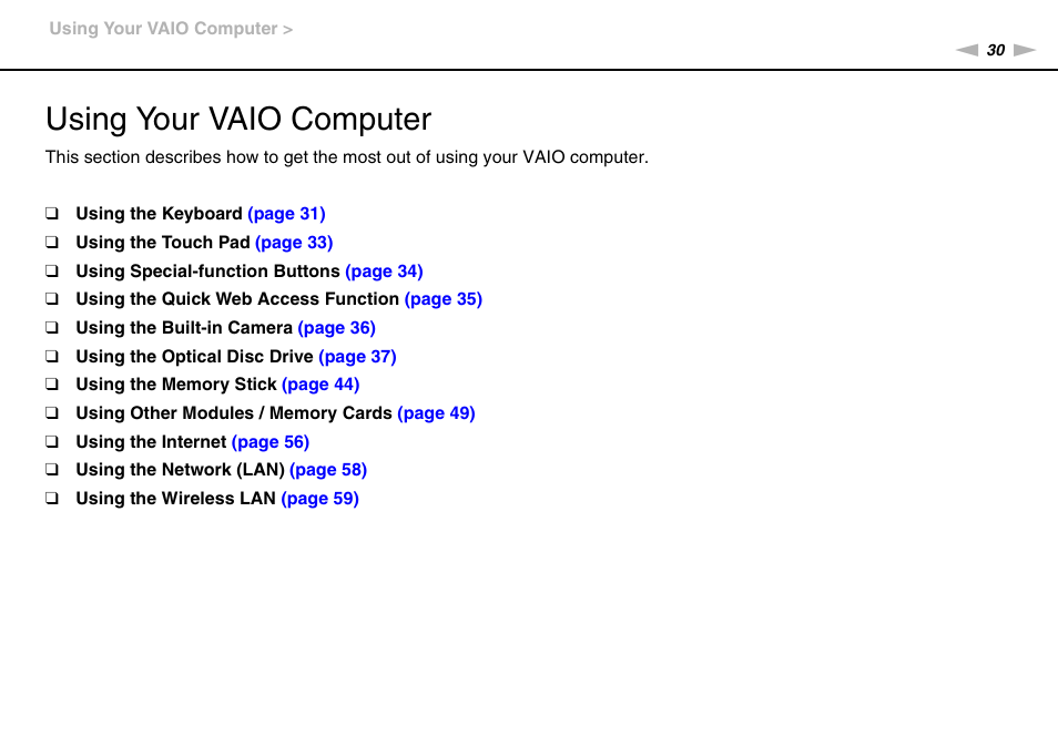 Using your vaio computer | Sony VAIO VGN-NW User Manual | Page 30 / 157