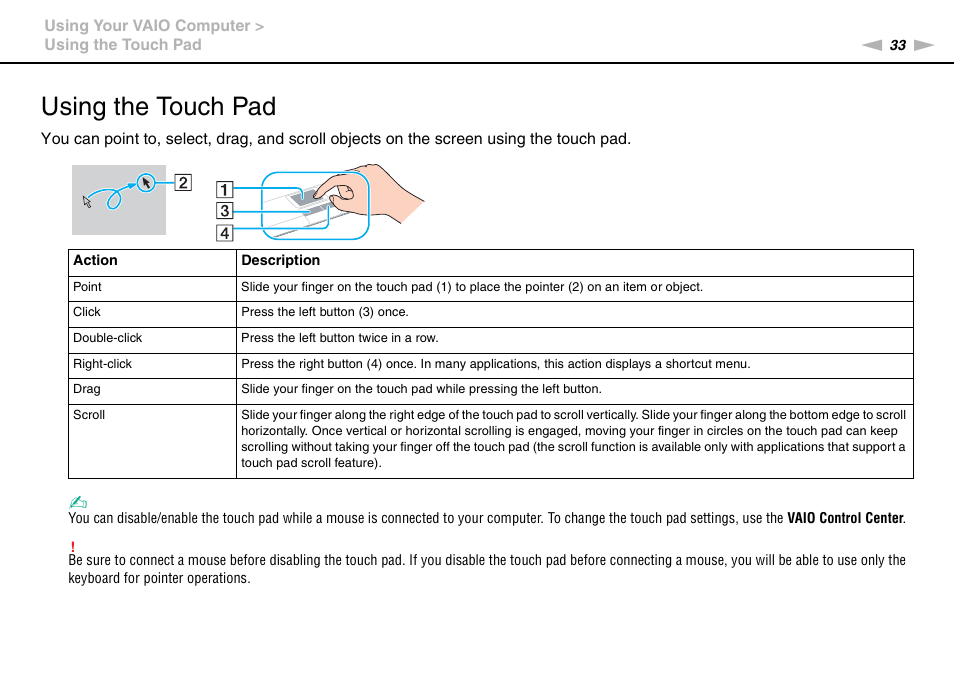 Using the touch pad | Sony VAIO VGN-NW User Manual | Page 33 / 157