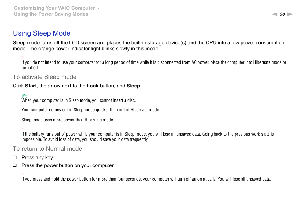 Using sleep mode | Sony VAIO VGN-NW User Manual | Page 90 / 157