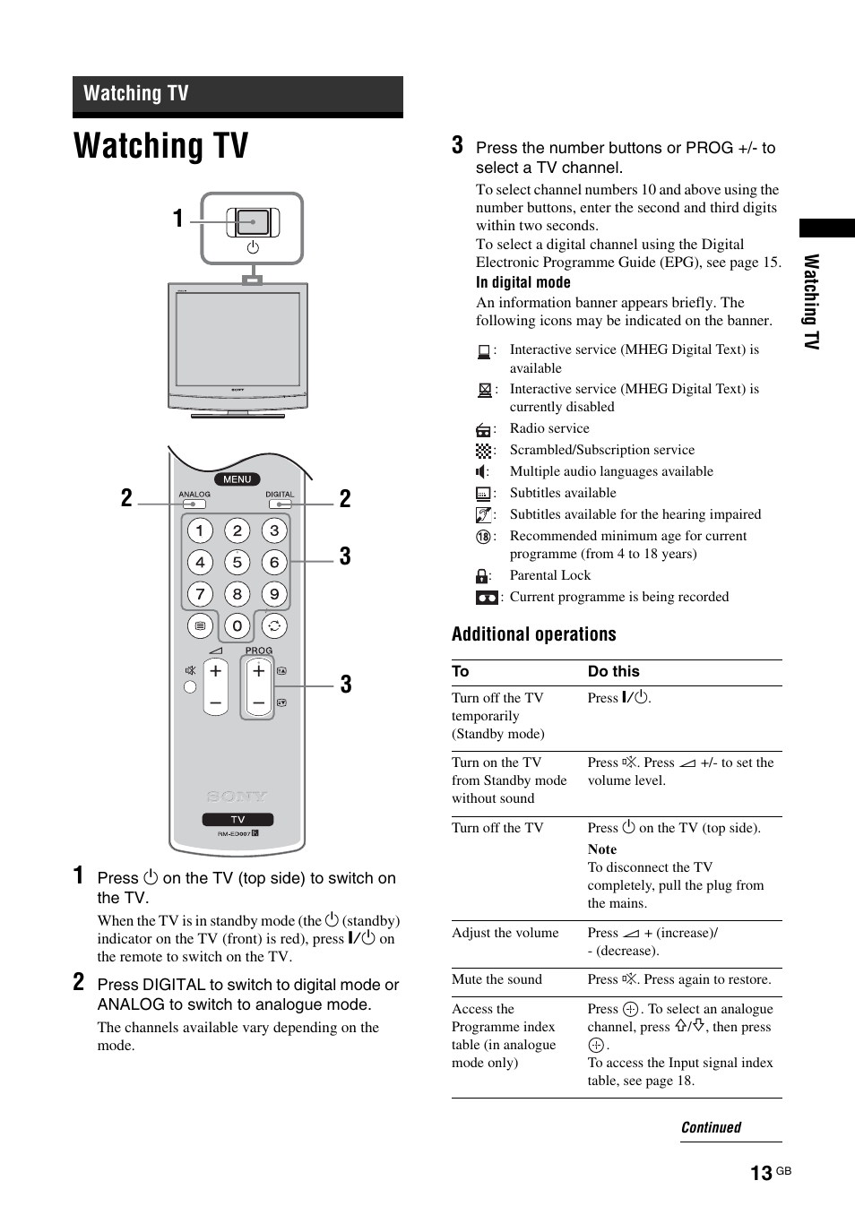 Watching tv | Sony BRAVIA KDL-20G2000 User Manual | Page 13 / 36