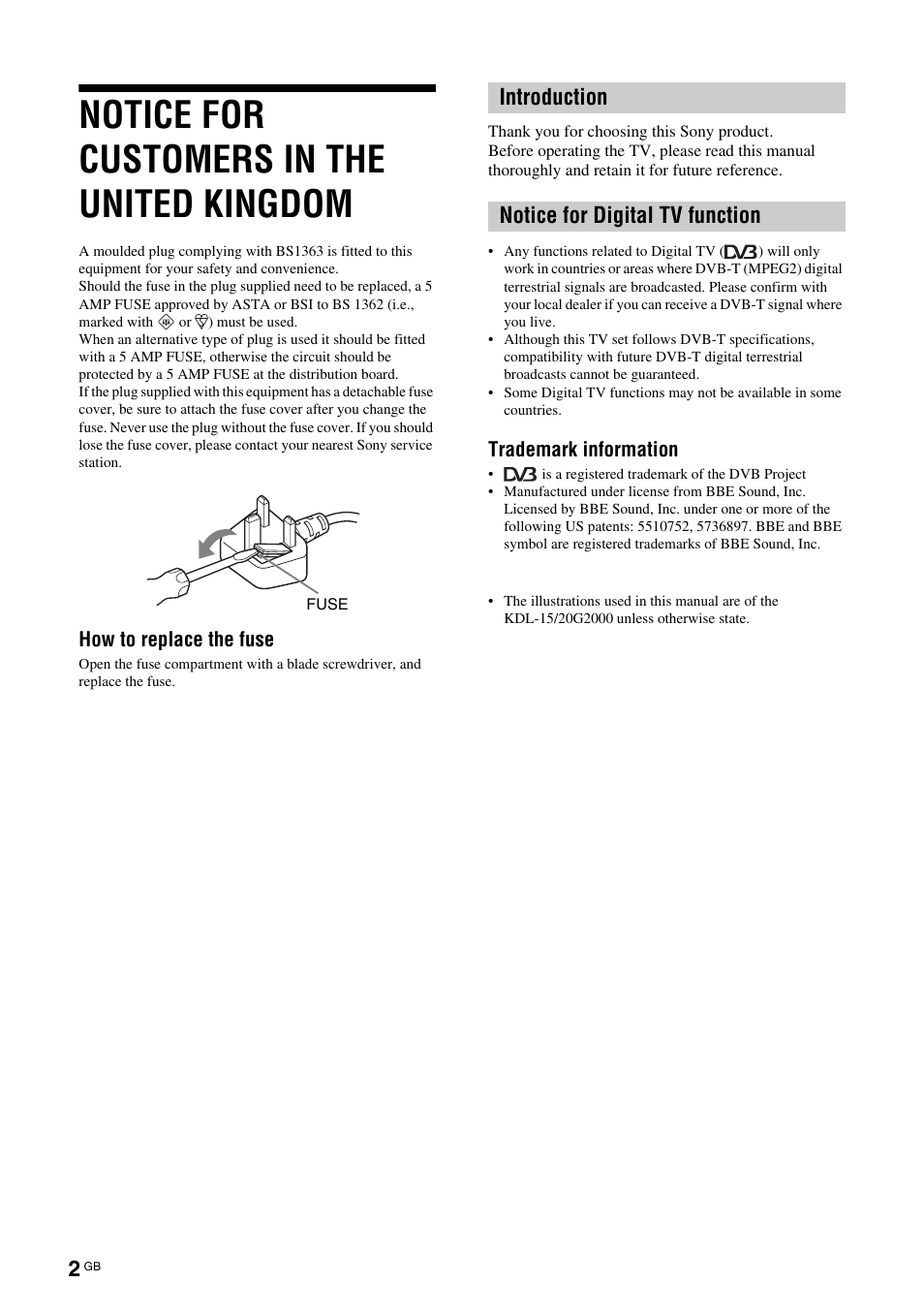 Start-up guide, Notice for digital tv function, Notice for customers in the united kingdom | Introduction notice for digital tv function | Sony BRAVIA KDL-20G2000 User Manual | Page 2 / 36