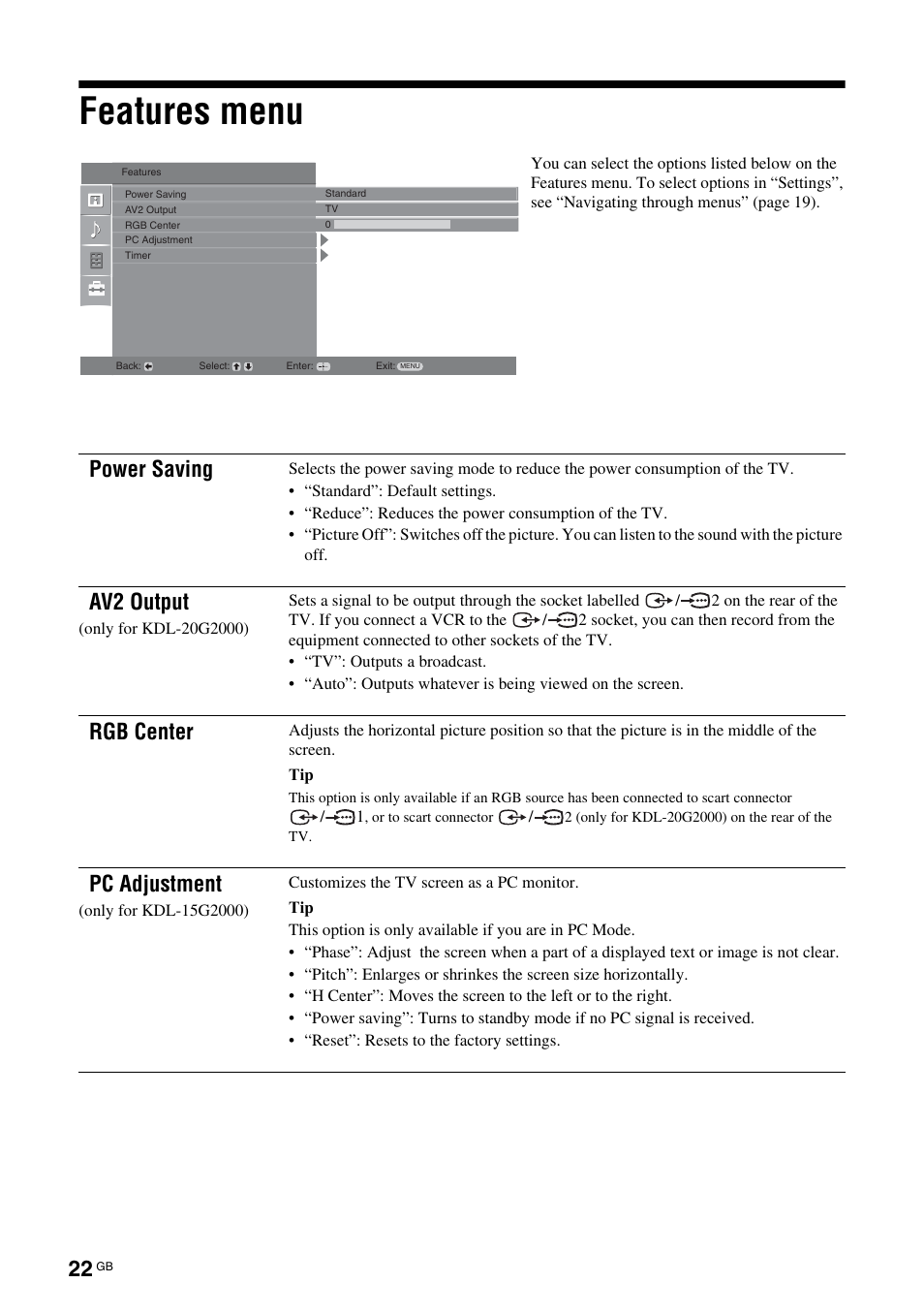 Features menu, Power saving, Av2 output | Rgb center, Pc adjustment | Sony BRAVIA KDL-20G2000 User Manual | Page 22 / 36