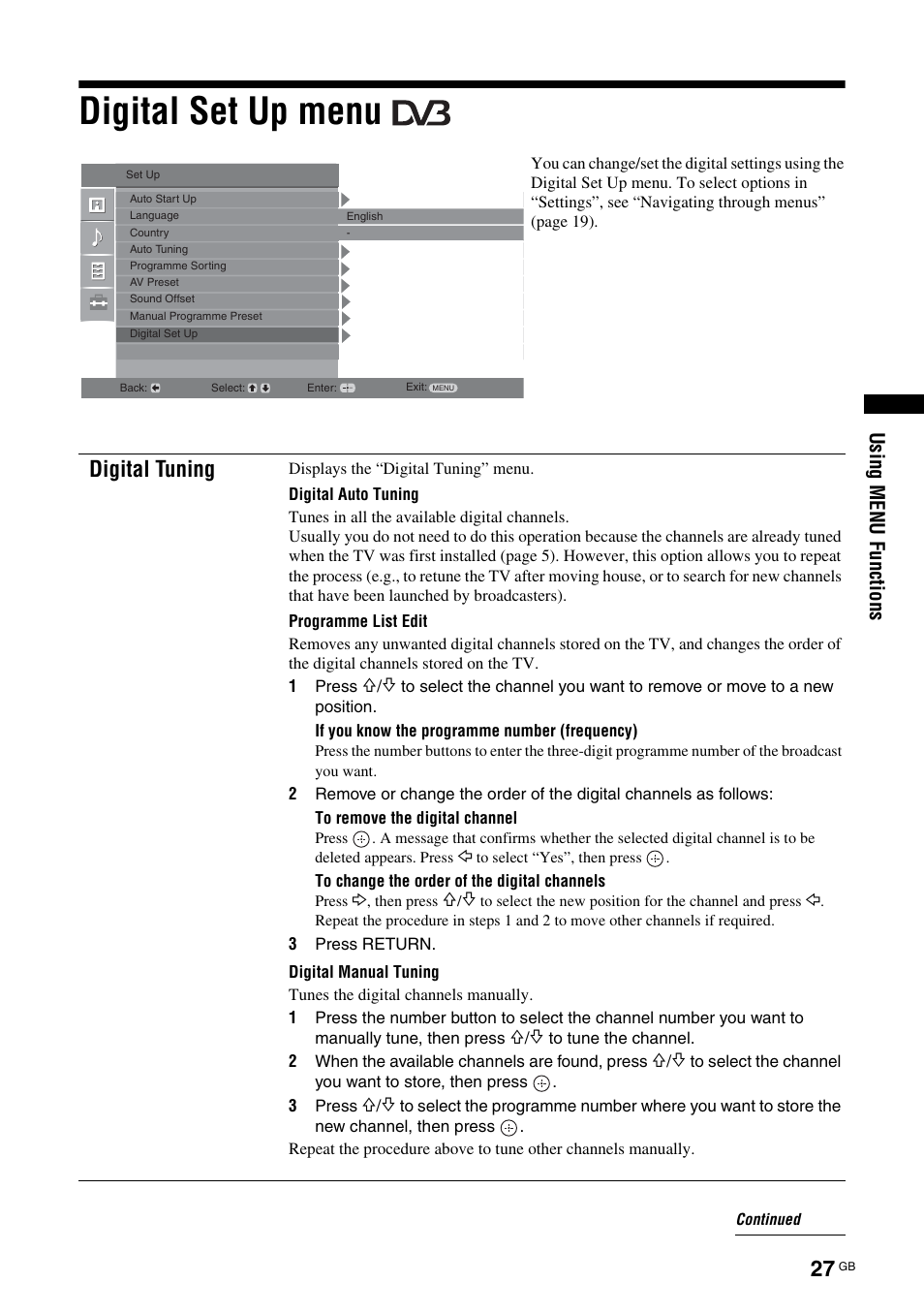 Digital set up menu, Digital tuning | Sony BRAVIA KDL-20G2000 User Manual | Page 27 / 36