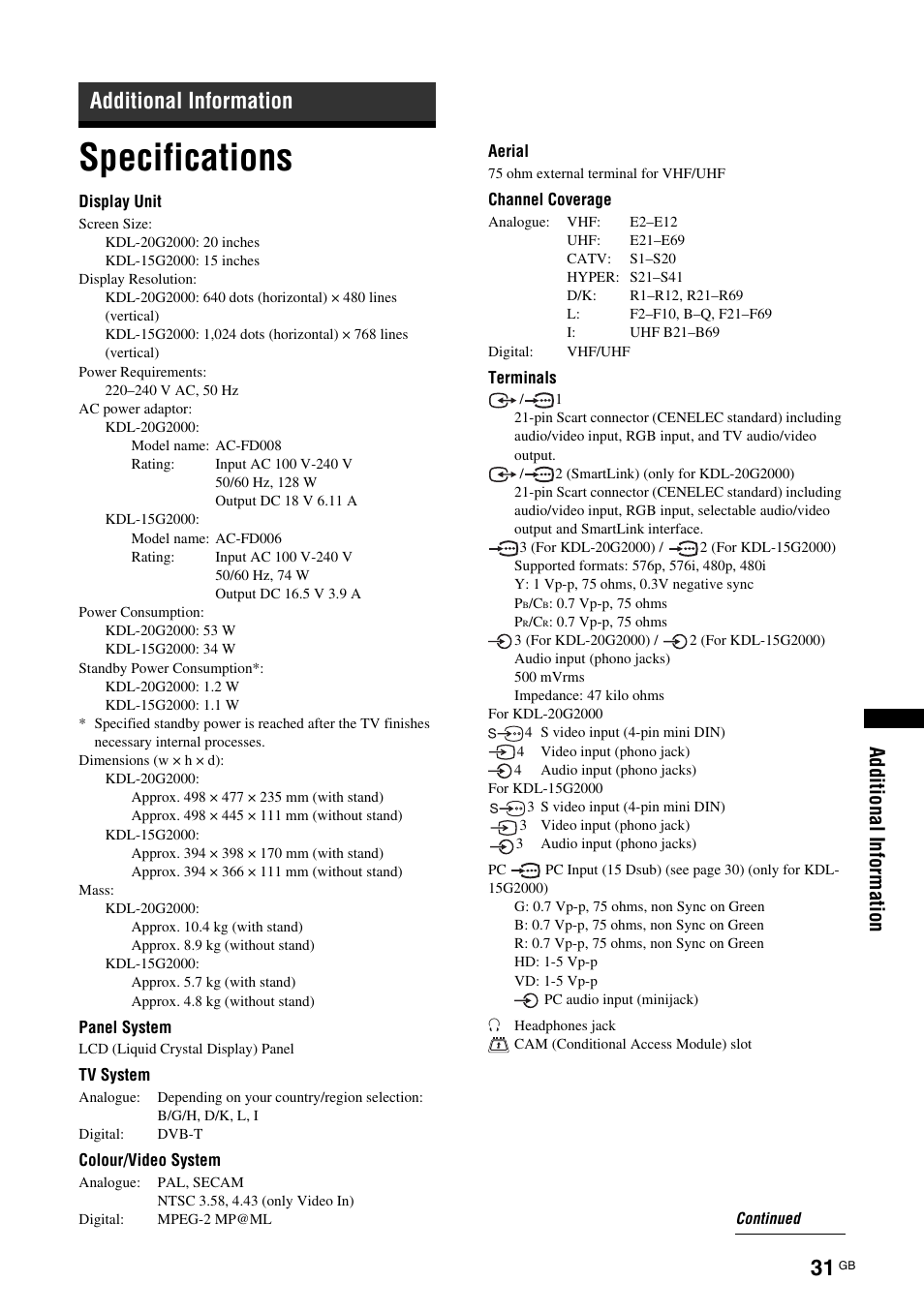 Additional information, Specifications, Additional inf o rmation | Sony BRAVIA KDL-20G2000 User Manual | Page 31 / 36