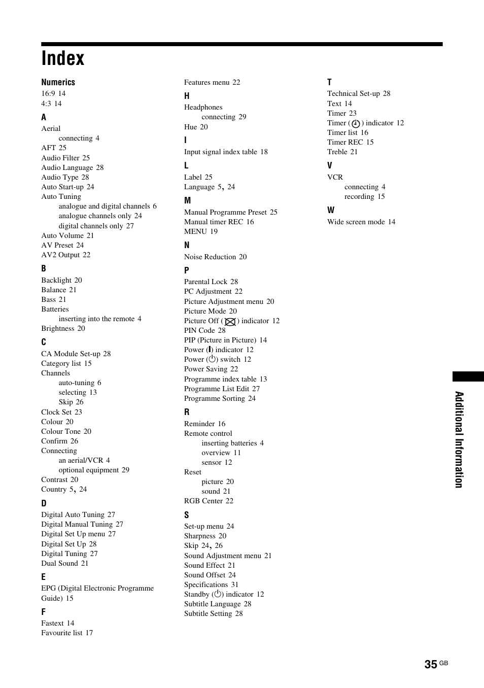 Index | Sony BRAVIA KDL-20G2000 User Manual | Page 35 / 36