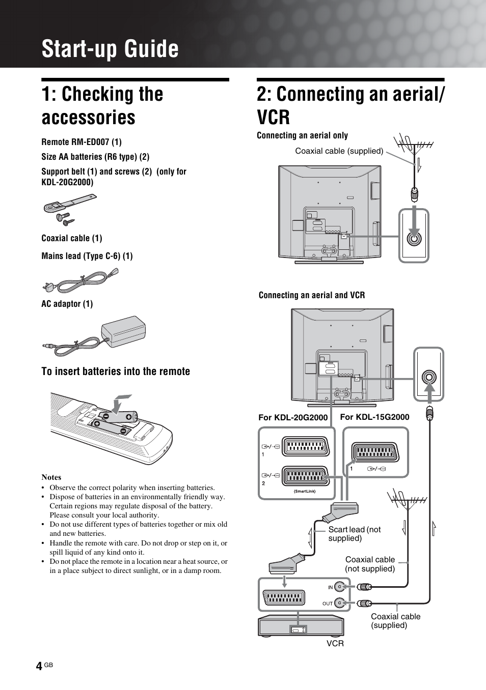 Start-up guide, Checking the accessories, Connecting an aerial/ vcr | Sony BRAVIA KDL-20G2000 User Manual | Page 4 / 36