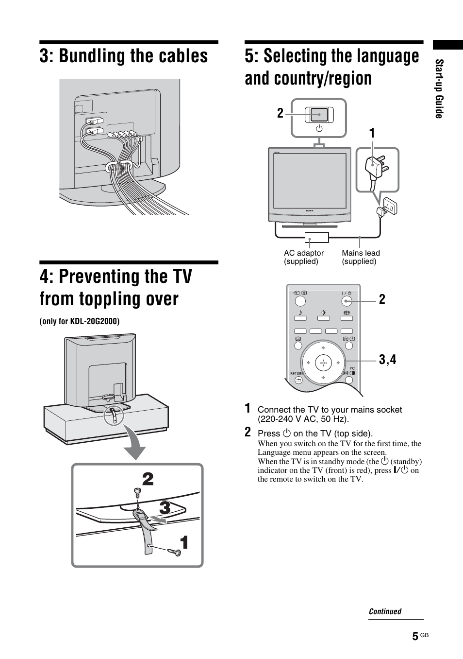 Selecting the language and country/region | Sony BRAVIA KDL-20G2000 User Manual | Page 5 / 36
