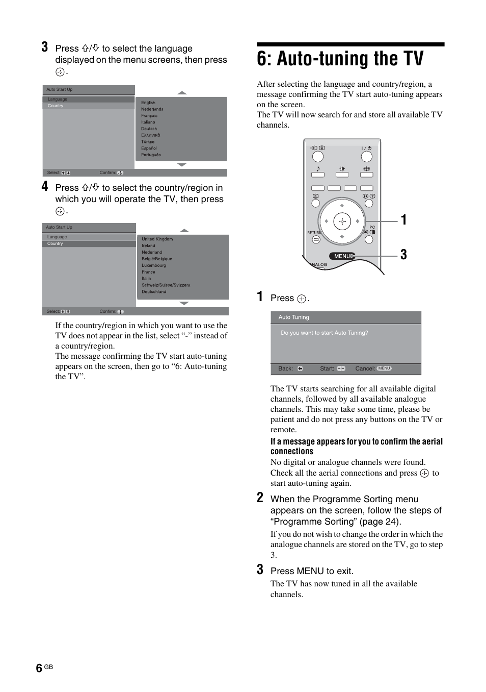 Auto-tuning the tv | Sony BRAVIA KDL-20G2000 User Manual | Page 6 / 36