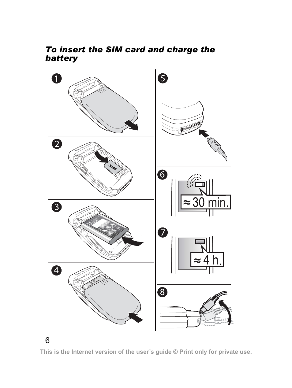 6to insert the sim card and charge the battery | Sony Z300i User Manual | Page 7 / 80
