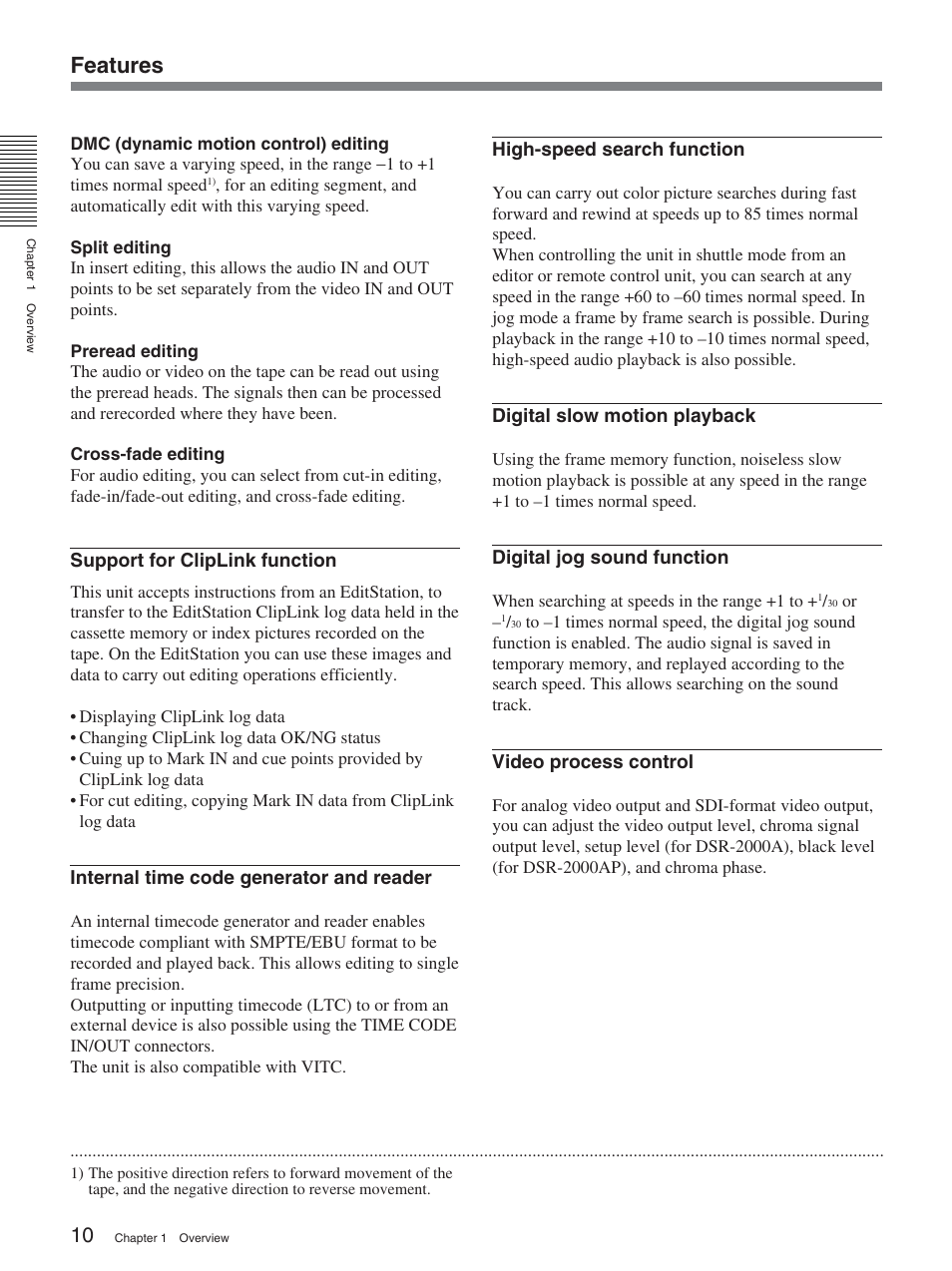 Features | Sony DSR-2000A User Manual | Page 10 / 150