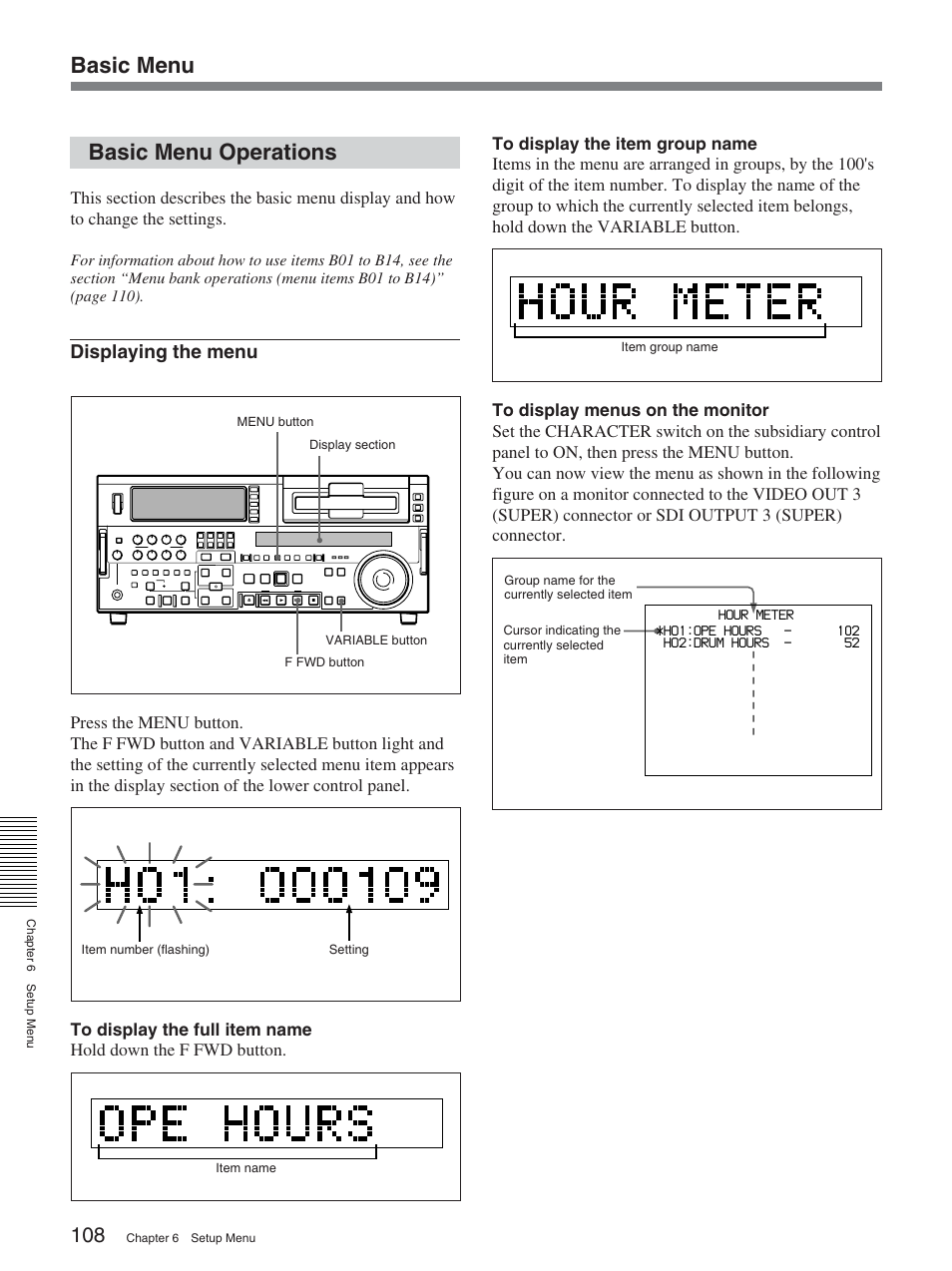 Basic menu operations, Basic menu basic menu operations, Displaying the menu | Sony DSR-2000A User Manual | Page 108 / 150