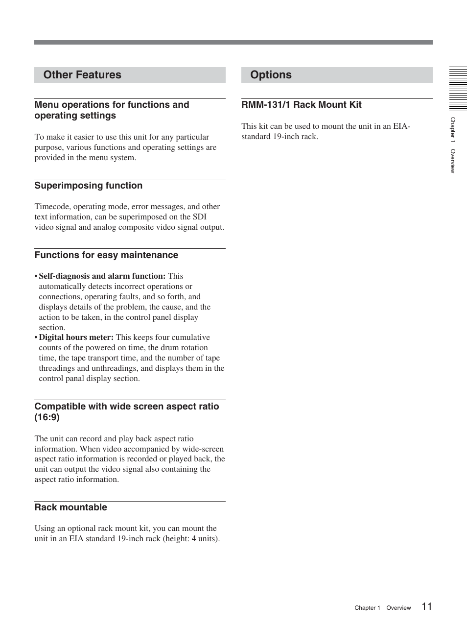 Other features, Options | Sony DSR-2000A User Manual | Page 11 / 150