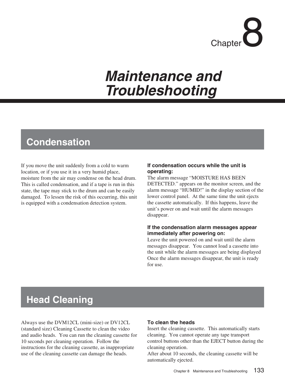 Chapter 8 maintenance and troubleshooting, Condensation, Head cleaning | Maintenance and troubleshooting | Sony DSR-2000A User Manual | Page 133 / 150