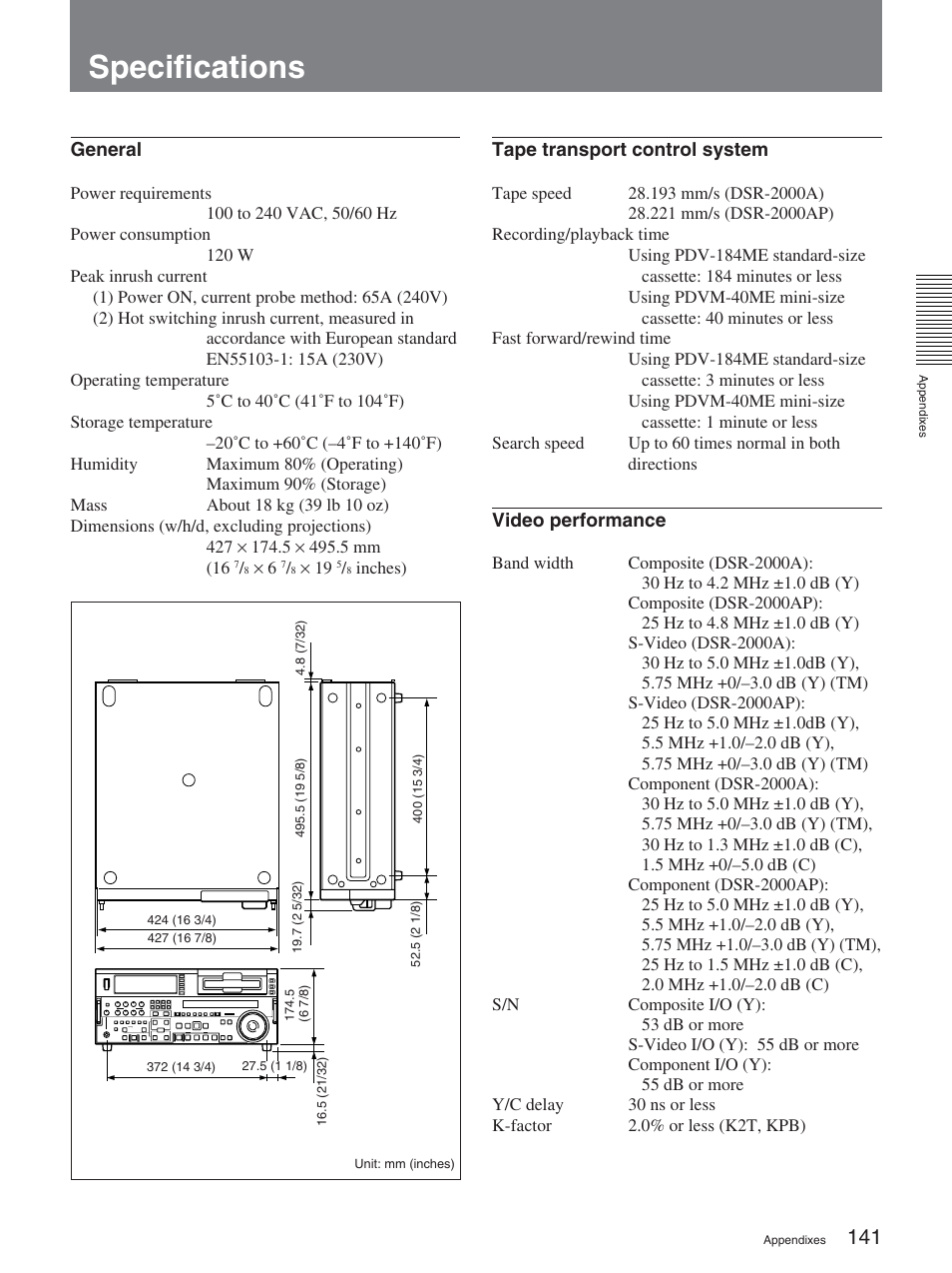 Specifications | Sony DSR-2000A User Manual | Page 141 / 150