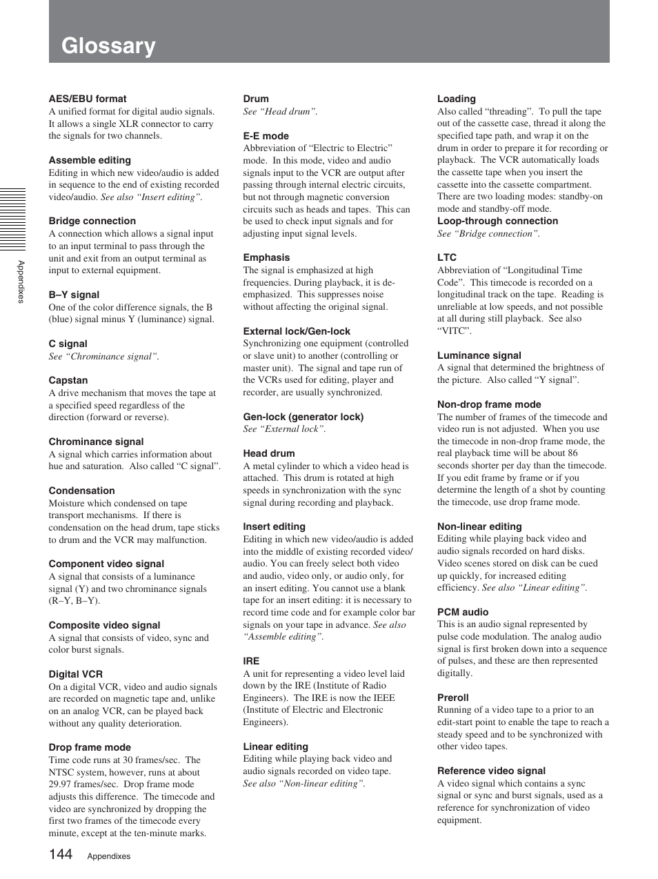 Glossary | Sony DSR-2000A User Manual | Page 144 / 150