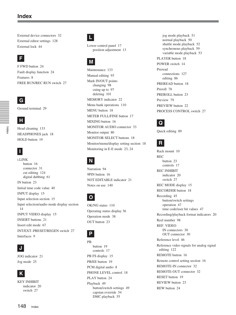 Index | Sony DSR-2000A User Manual | Page 148 / 150