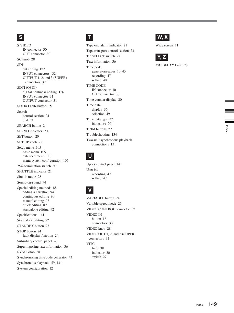 W, x, Y, z | Sony DSR-2000A User Manual | Page 149 / 150