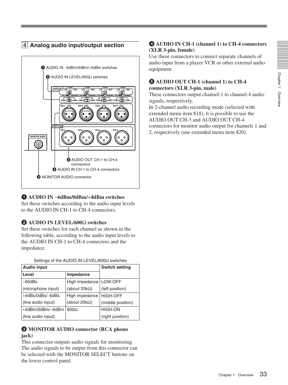 Settings of the audio in level/600 ω switches | Sony DSR-2000A User Manual | Page 33 / 150
