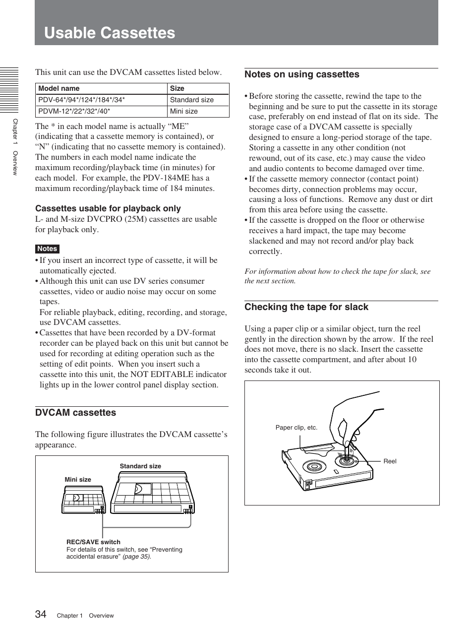 Usable cassettes | Sony DSR-2000A User Manual | Page 34 / 150