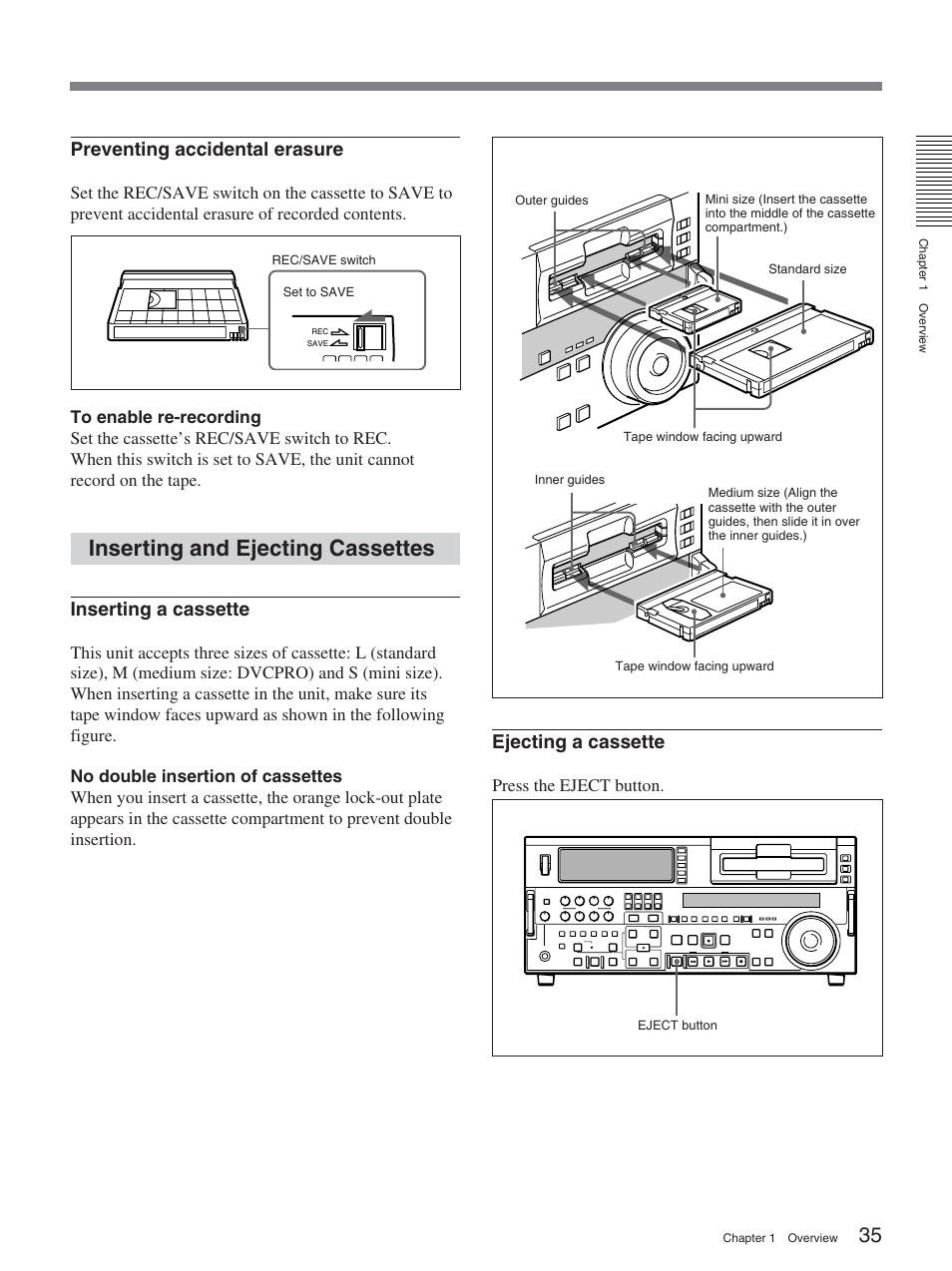 Inserting and ejecting cassettes, Preventing accidental erasure, Inserting a cassette | Ejecting a cassette | Sony DSR-2000A User Manual | Page 35 / 150