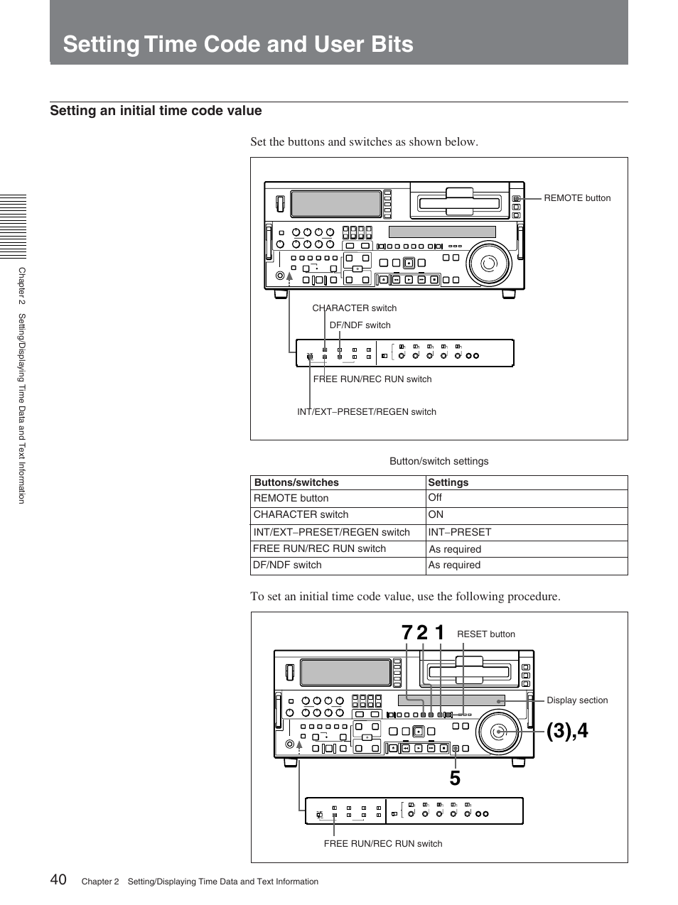 Setting time code and user bits | Sony DSR-2000A User Manual | Page 40 / 150