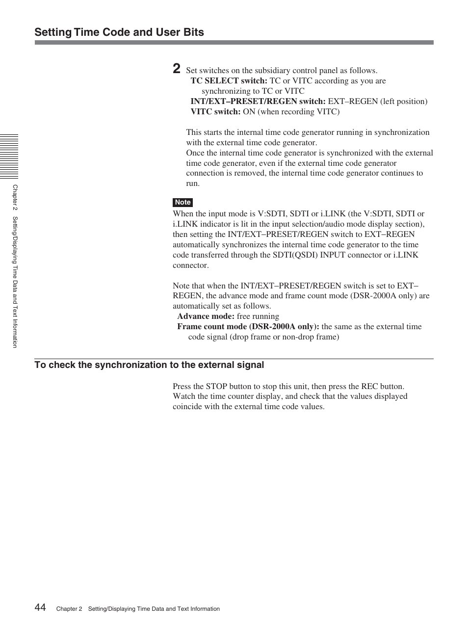 Setting time code and user bits | Sony DSR-2000A User Manual | Page 44 / 150